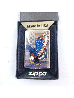 Zippo American Eagle Design Lighter Made In USA Chrome Finish Stars & Stripes Ar